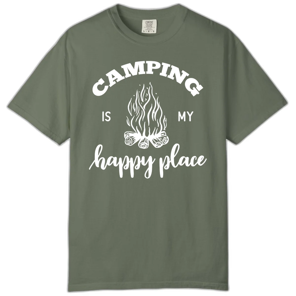 White campfire illustration with text reading 'Camping Is My Happy Place' on gray background in Moss