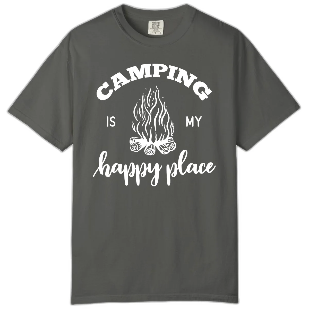 White campfire illustration with text reading 'Camping Is My Happy Place' on gray background in Pepper