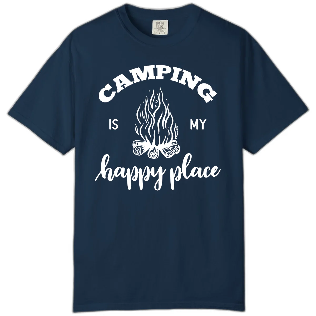 White campfire illustration with text reading 'Camping Is My Happy Place' on gray background in True Navy