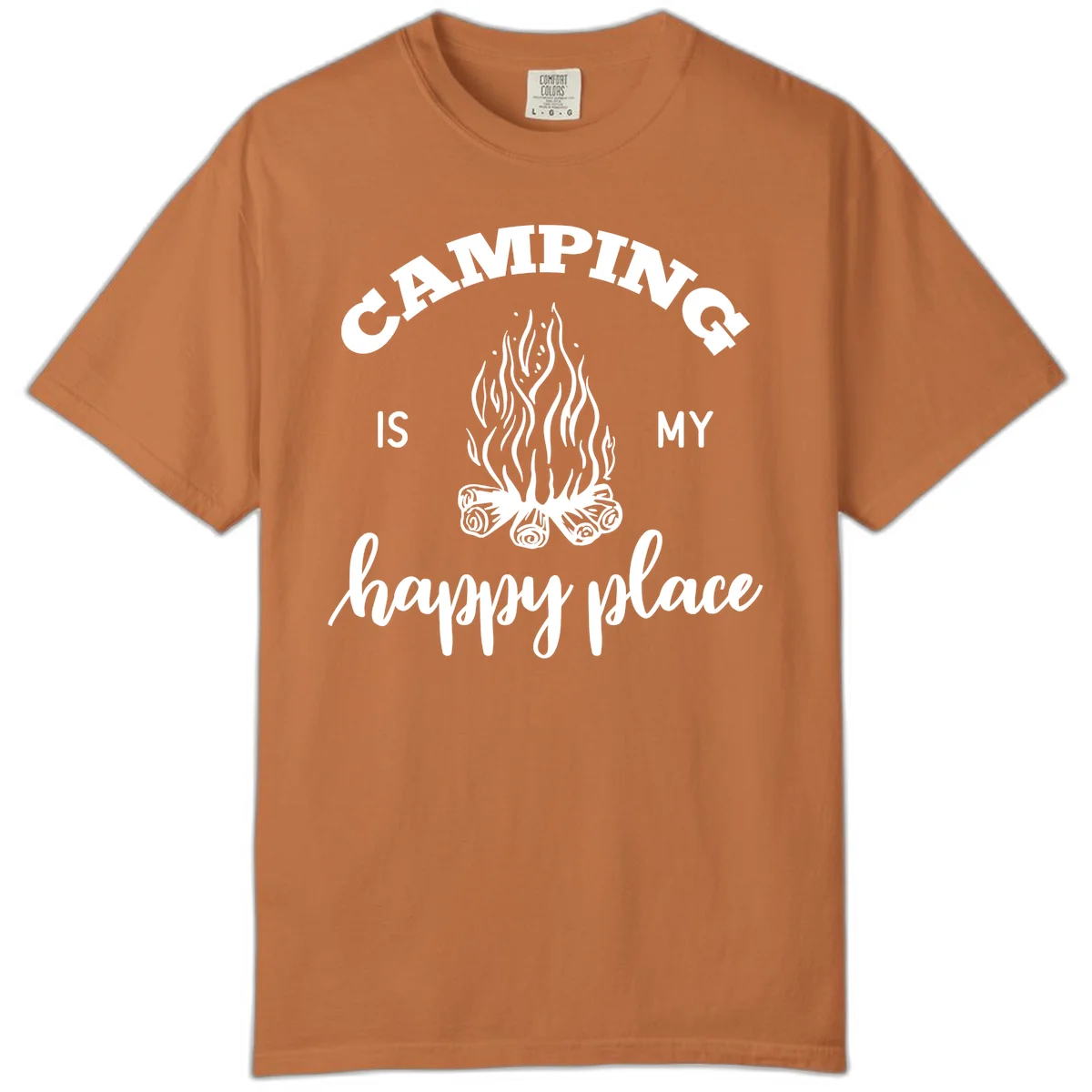 White campfire illustration with text reading 'Camping Is My Happy Place' on gray background in Yam