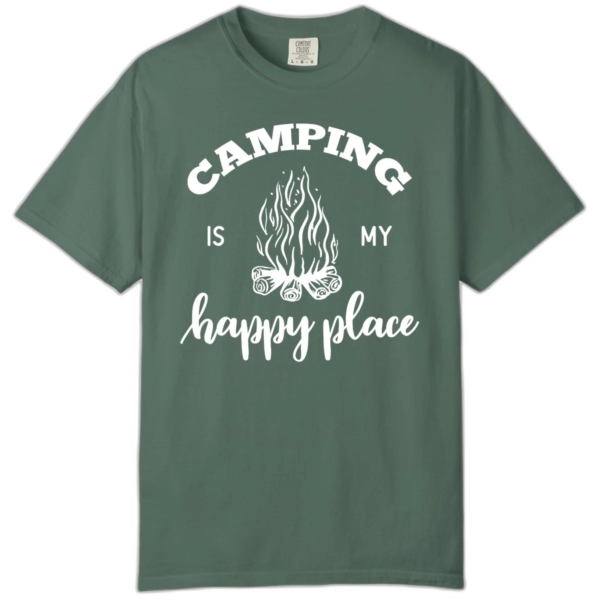 White campfire illustration with text reading 'Camping Is My Happy Place' on gray background in Blue Spruce