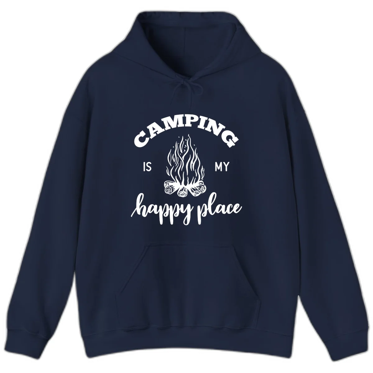 White campfire illustration with text reading 'Camping Is My Happy Place' on gray background in Navy