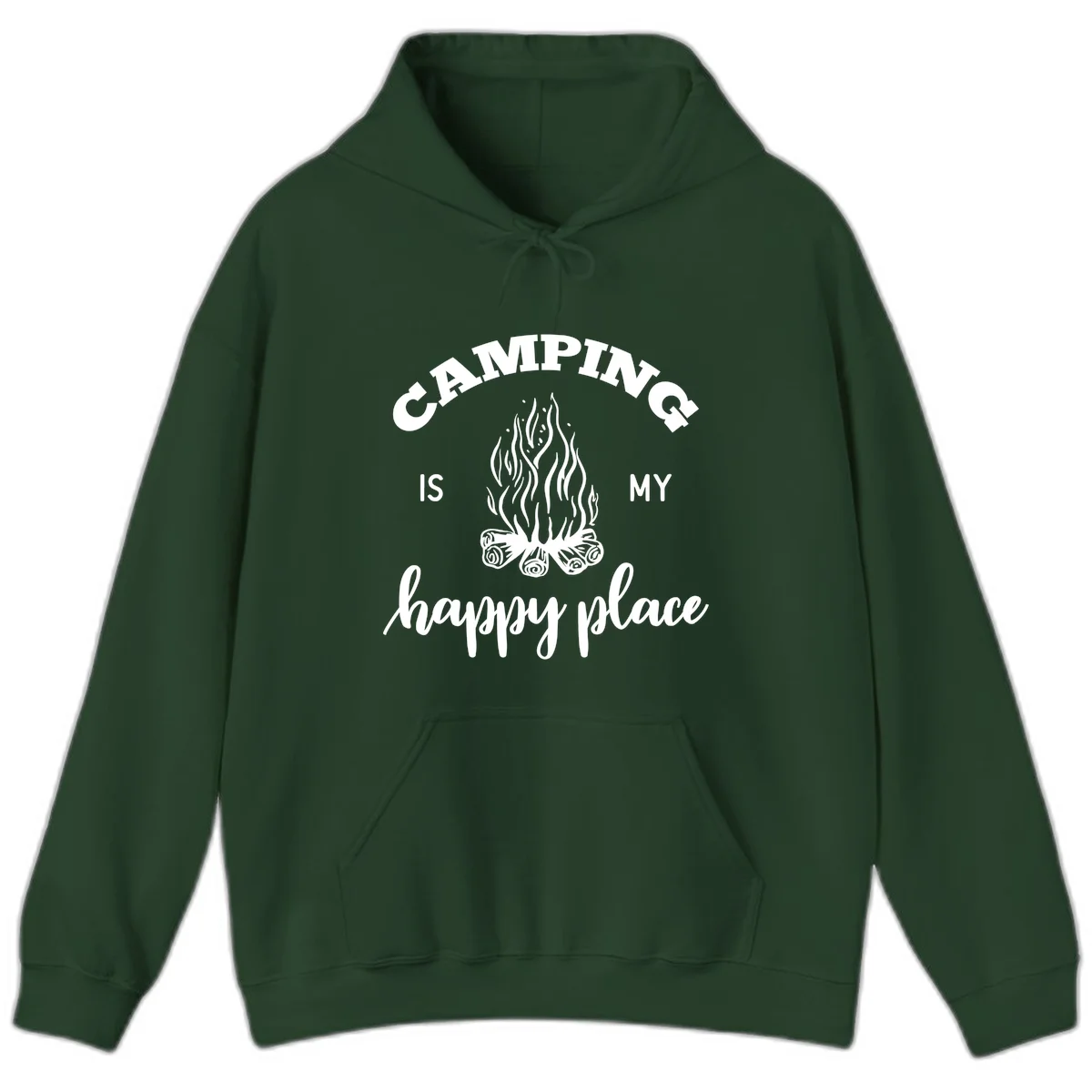White campfire illustration with text reading 'Camping Is My Happy Place' on gray background in Forest Green