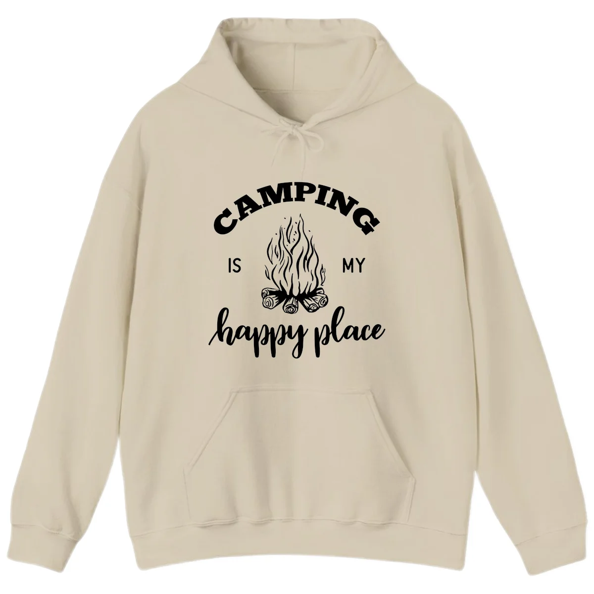 White campfire illustration with text reading 'Camping Is My Happy Place' on gray background in Sand