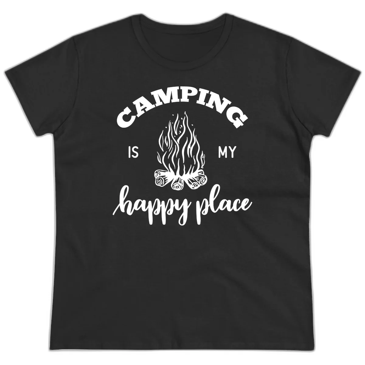 White campfire illustration with text reading 'Camping Is My Happy Place' on gray background in Black