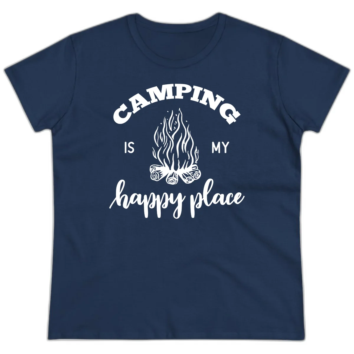 White campfire illustration with text reading 'Camping Is My Happy Place' on gray background in Navy