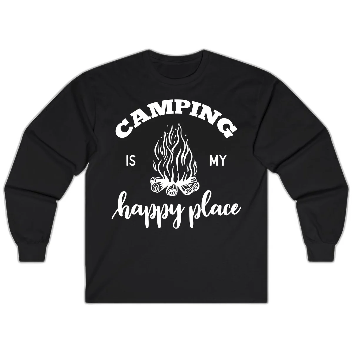 White campfire illustration with text reading 'Camping Is My Happy Place' on gray background in Black