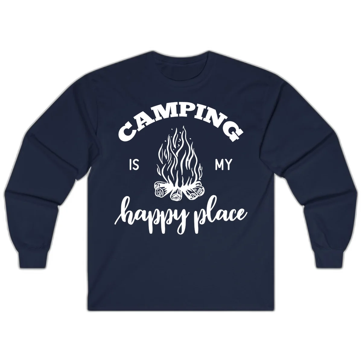 White campfire illustration with text reading 'Camping Is My Happy Place' on gray background in Navy