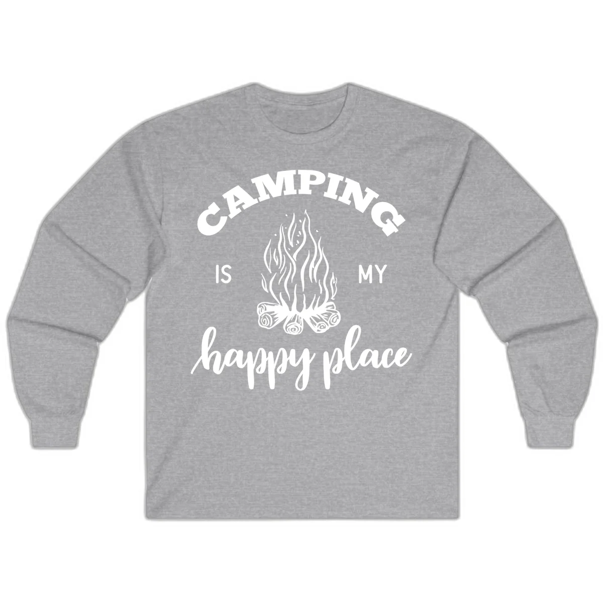 White campfire illustration with text reading 'Camping Is My Happy Place' on gray background in Sport Grey