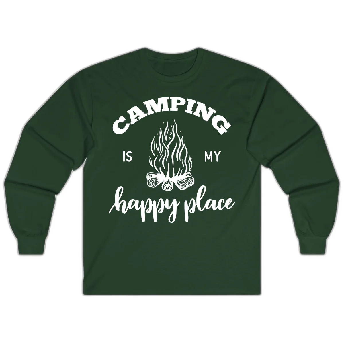 White campfire illustration with text reading 'Camping Is My Happy Place' on gray background in Forest Green