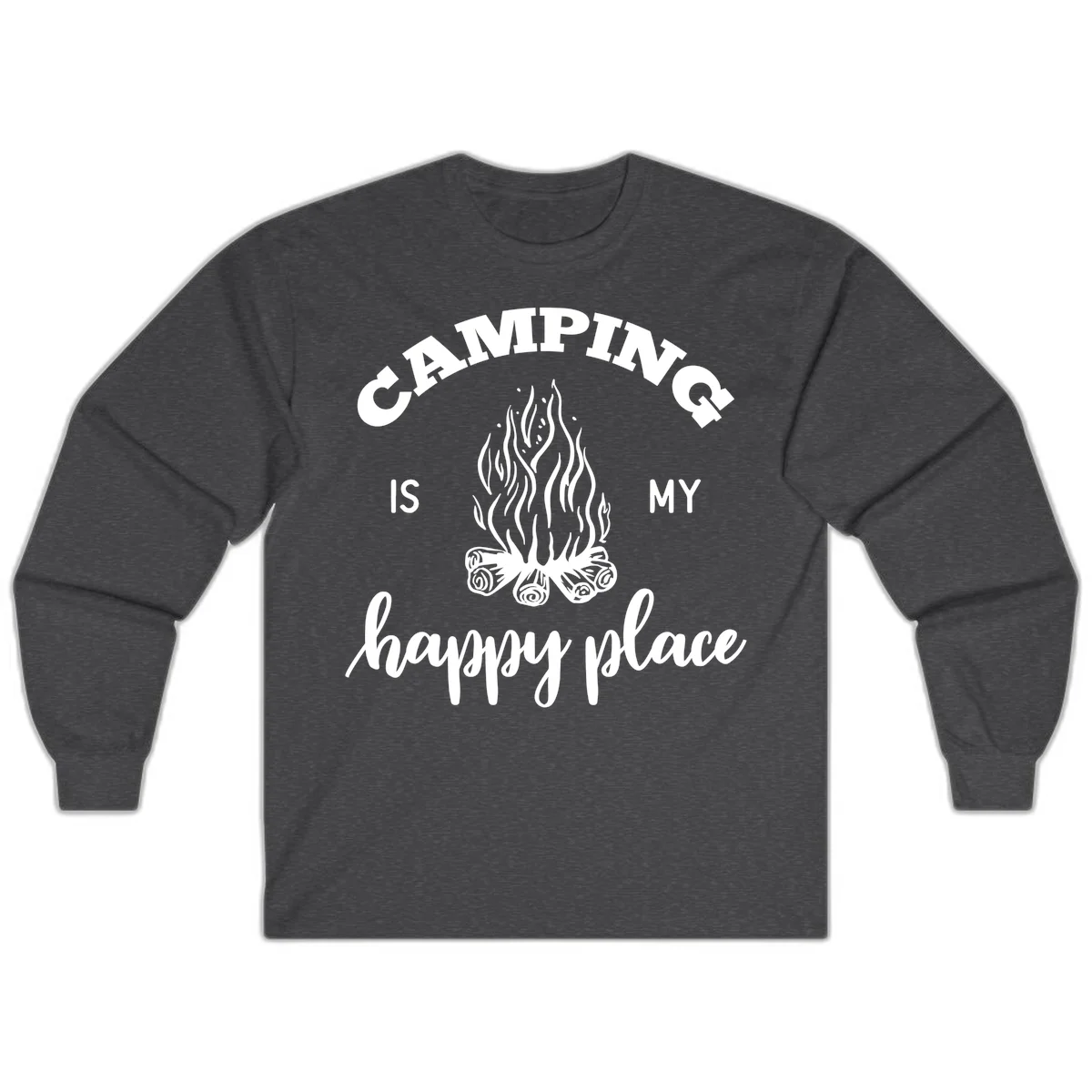 White campfire illustration with text reading 'Camping Is My Happy Place' on gray background in Dark Heather