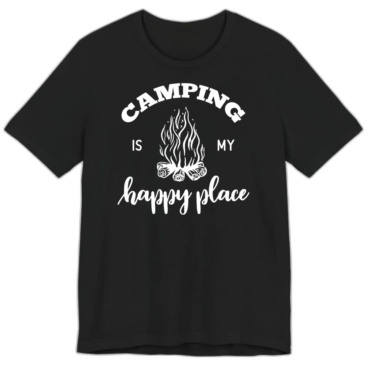 White campfire illustration with text reading 'Camping Is My Happy Place' on gray background in Black