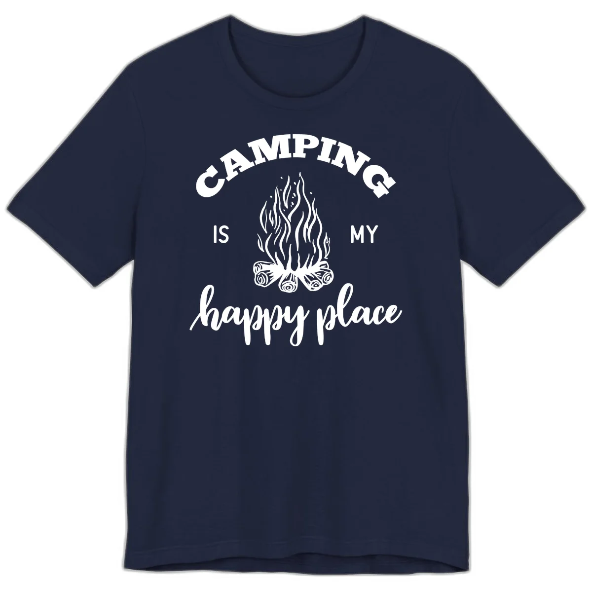 White campfire illustration with text reading 'Camping Is My Happy Place' on gray background in Navy
