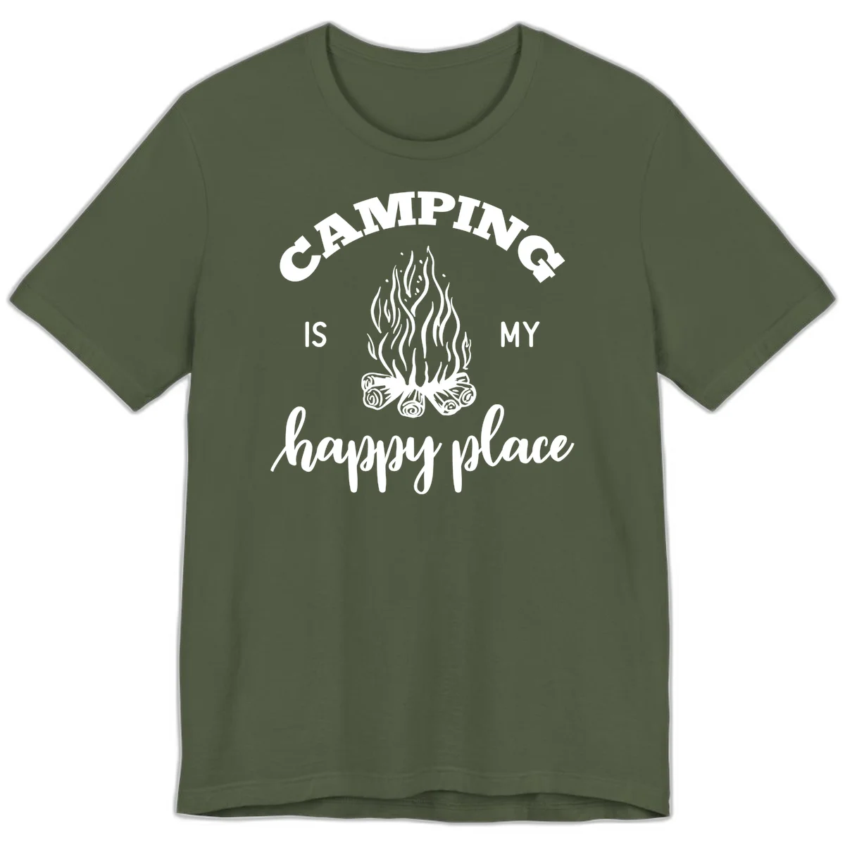 White campfire illustration with text reading 'Camping Is My Happy Place' on gray background in Military Green