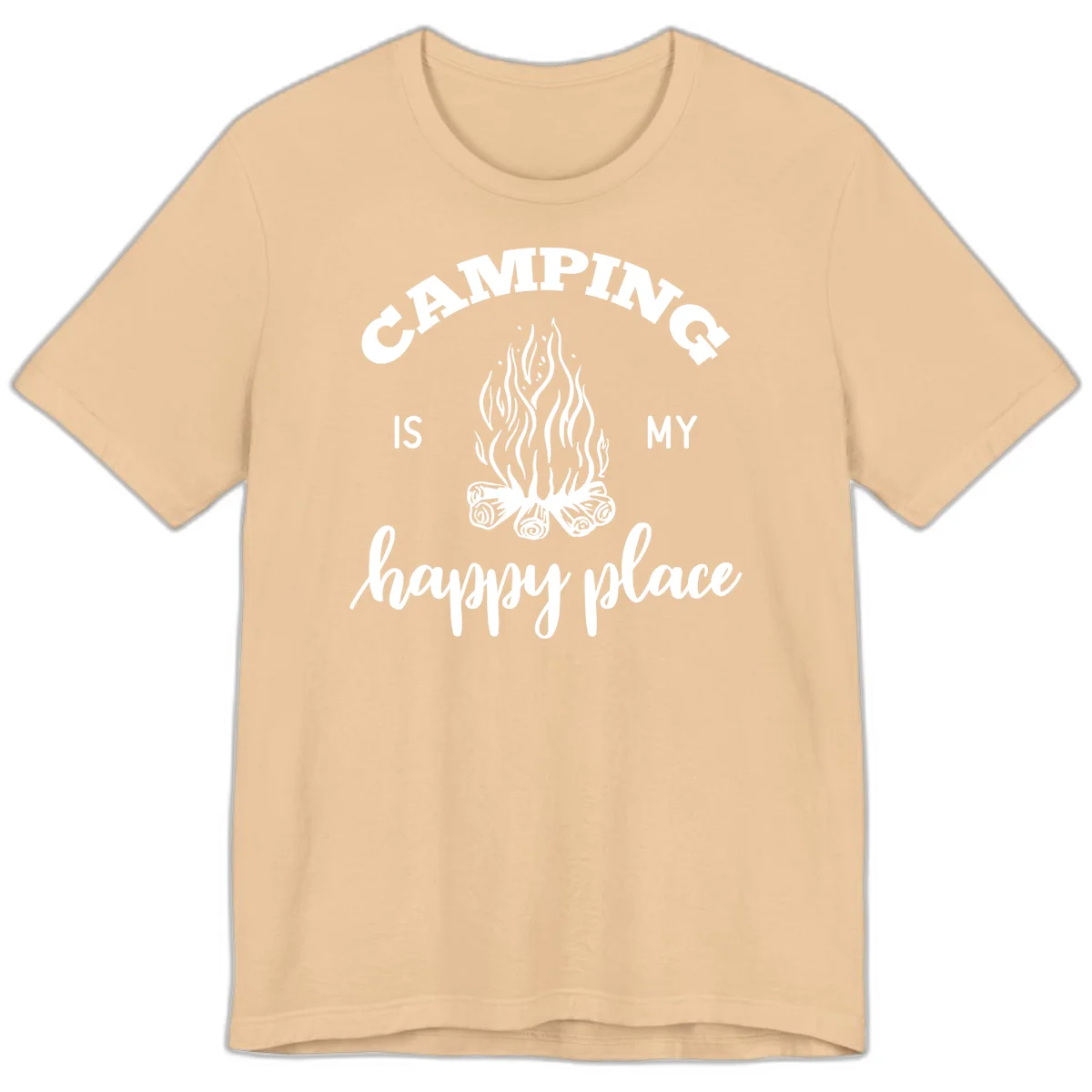 White campfire illustration with text reading 'Camping Is My Happy Place' on gray background in Sand Dune