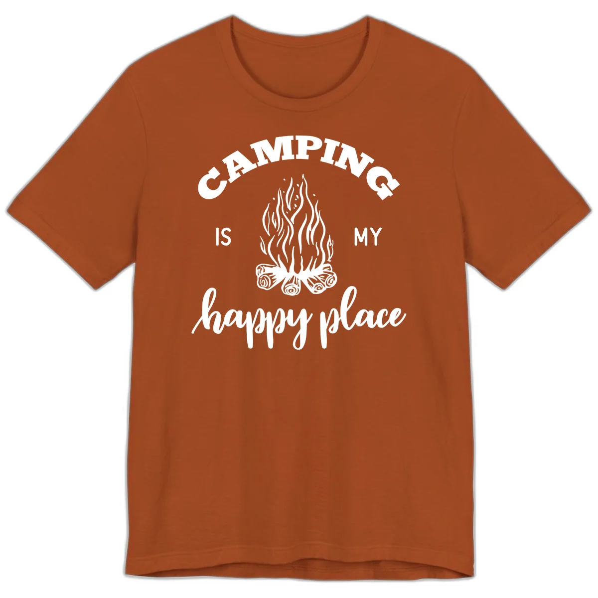 White campfire illustration with text reading 'Camping Is My Happy Place' on gray background in Autumn