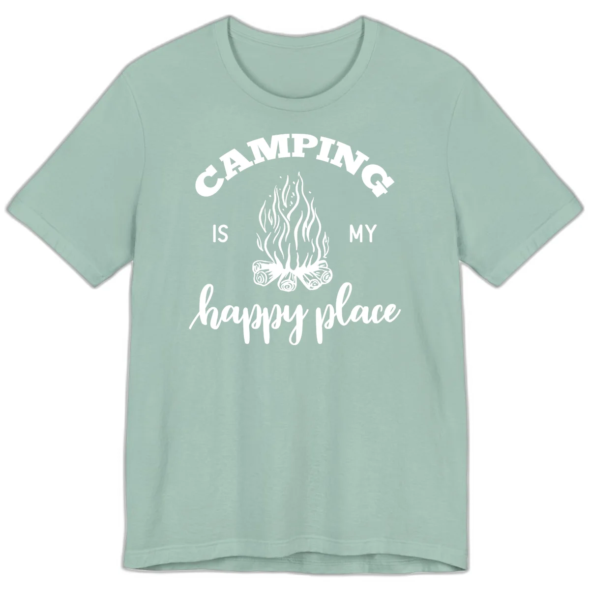 White campfire illustration with text reading 'Camping Is My Happy Place' on gray background in Dusty Blue