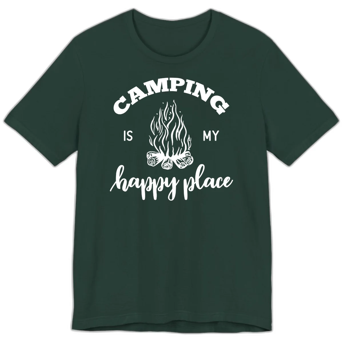 White campfire illustration with text reading 'Camping Is My Happy Place' on gray background in Forest