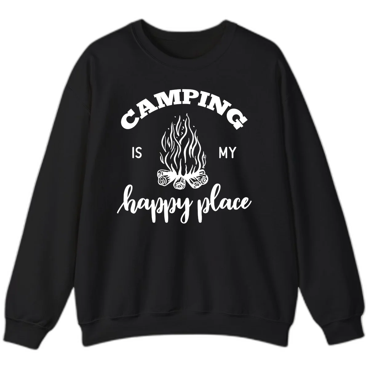 White campfire illustration with text reading 'Camping Is My Happy Place' on gray background in Black