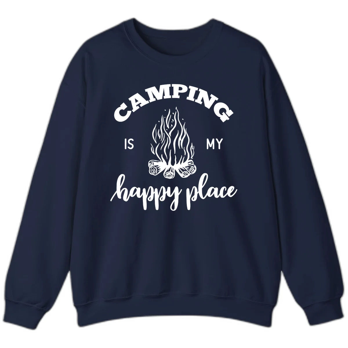 White campfire illustration with text reading 'Camping Is My Happy Place' on gray background in Navy