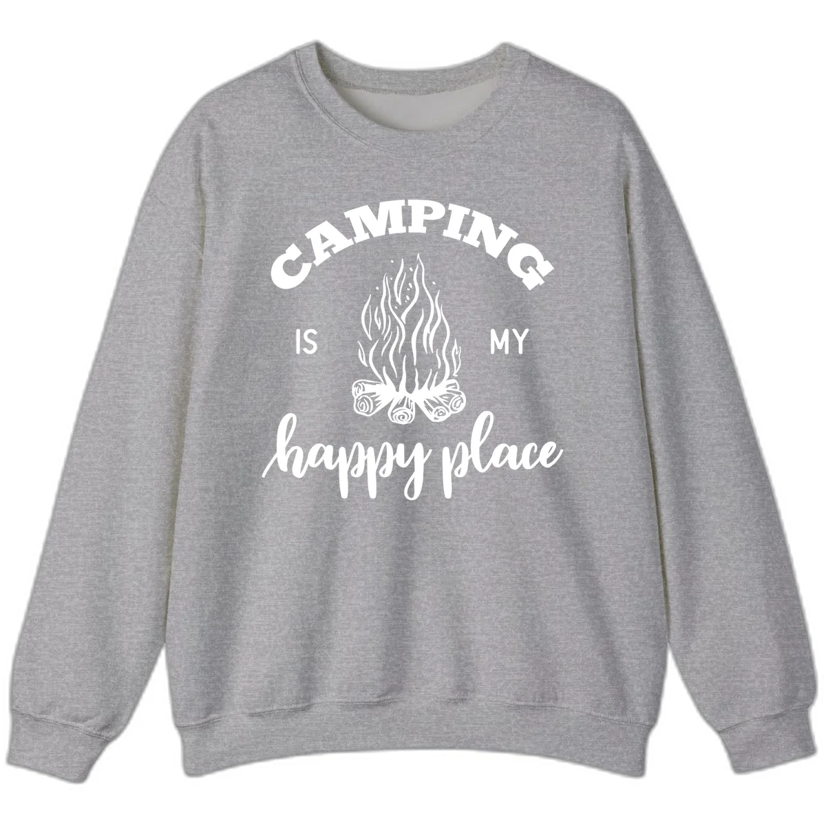 White campfire illustration with text reading 'Camping Is My Happy Place' on gray background in Sport Grey