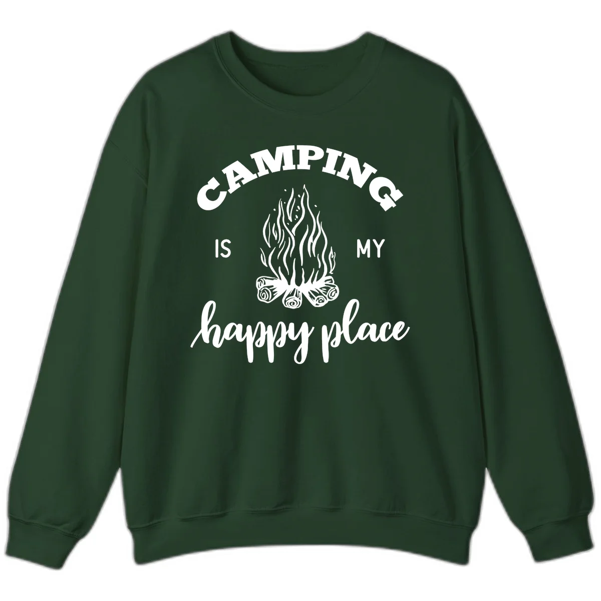 White campfire illustration with text reading 'Camping Is My Happy Place' on gray background in Forest Green