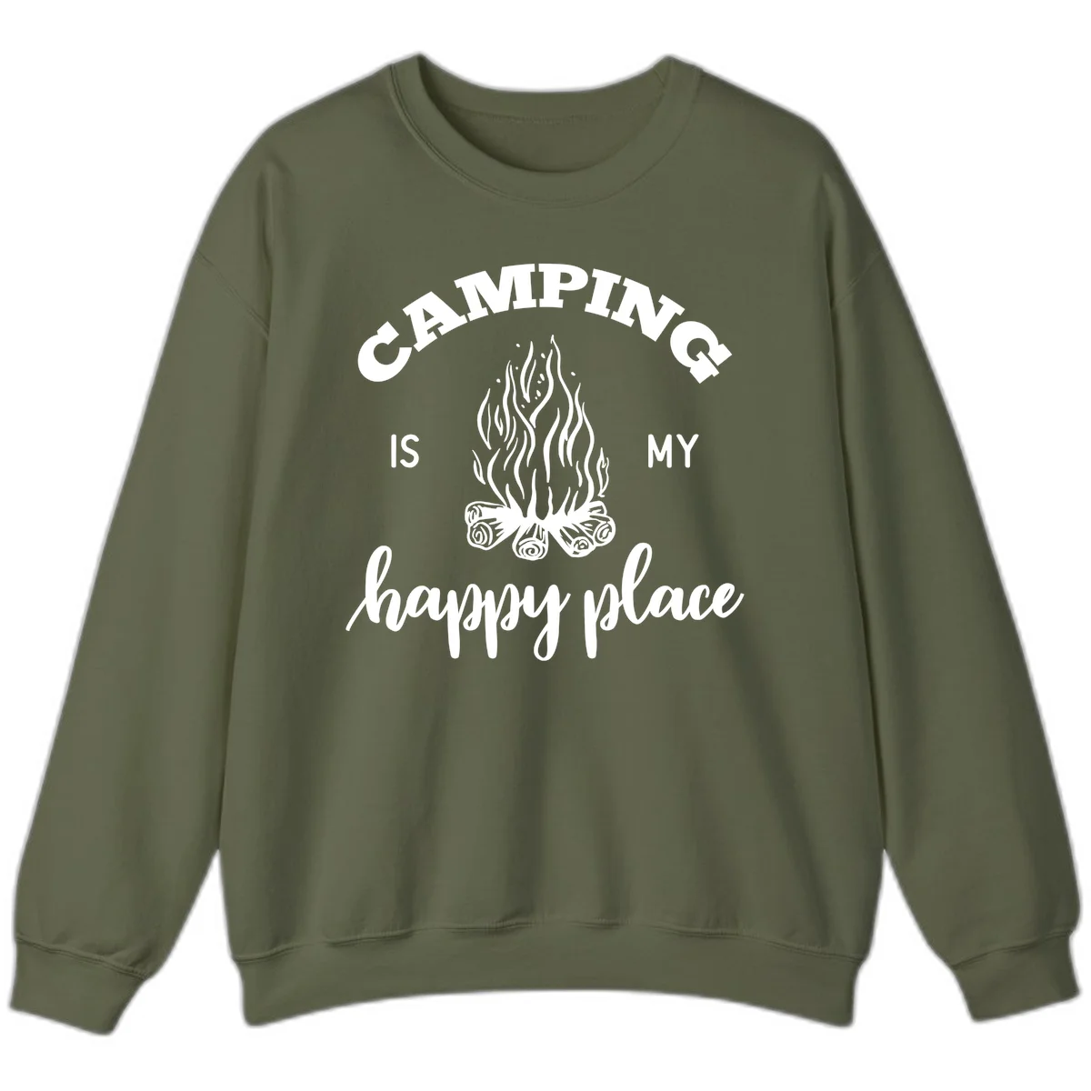 White campfire illustration with text reading 'Camping Is My Happy Place' on gray background in Military Green