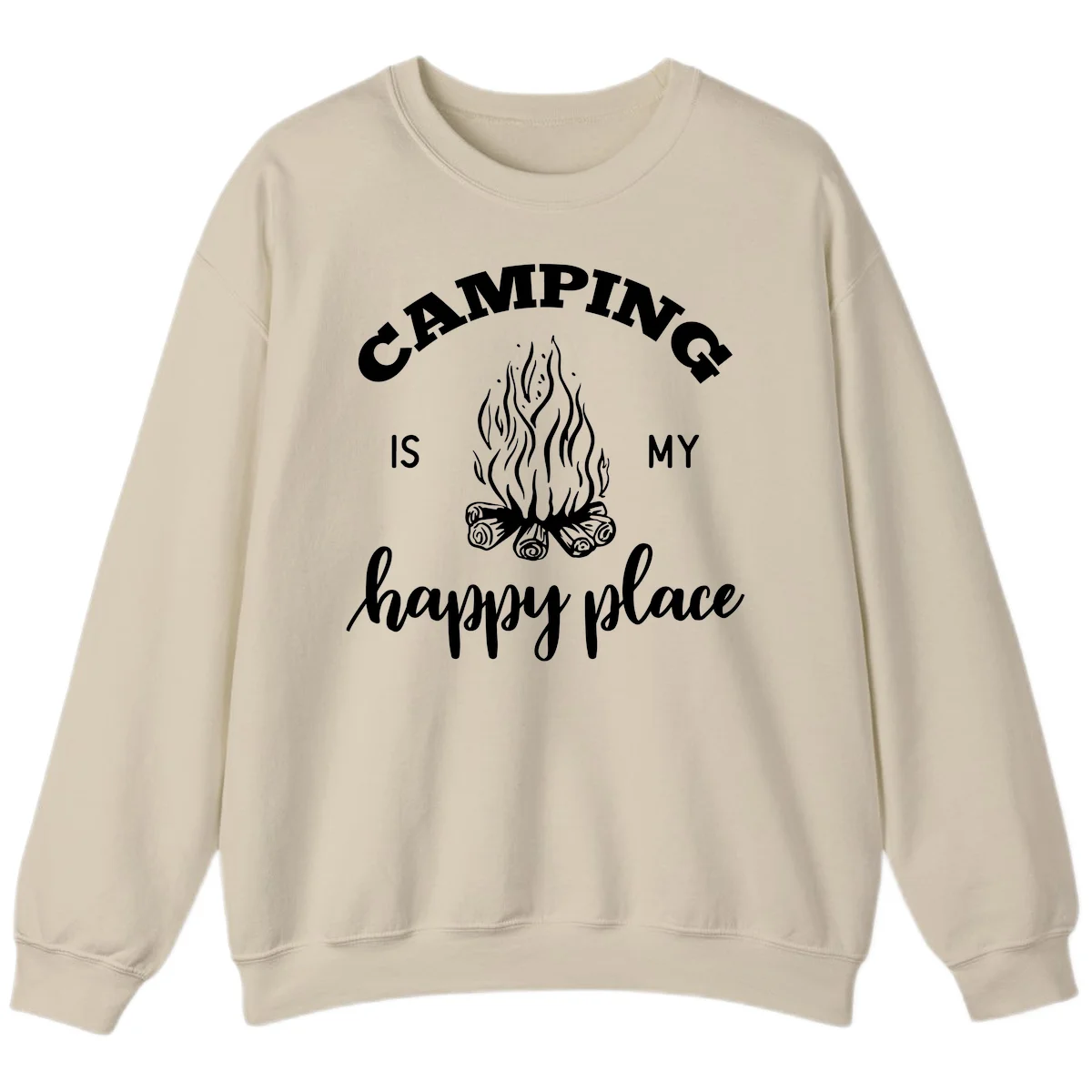 White campfire illustration with text reading 'Camping Is My Happy Place' on gray background in Sand