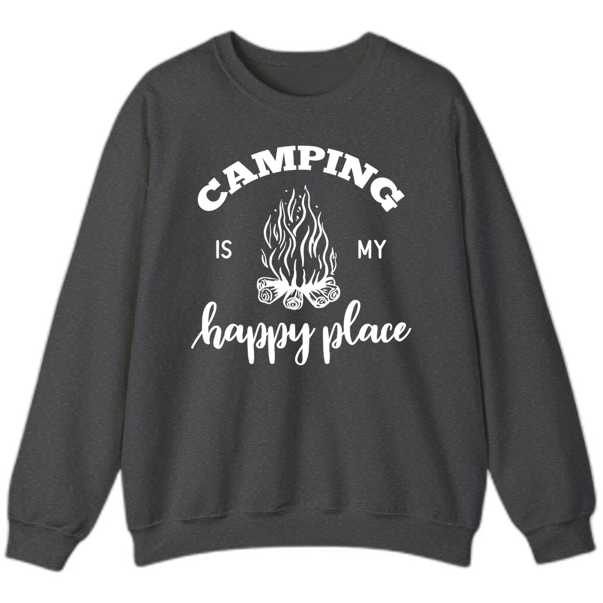 White campfire illustration with text reading 'Camping Is My Happy Place' on gray background in Dark Heather