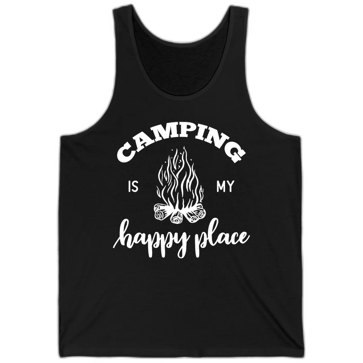 White campfire illustration with text reading 'Camping Is My Happy Place' on gray background in Black