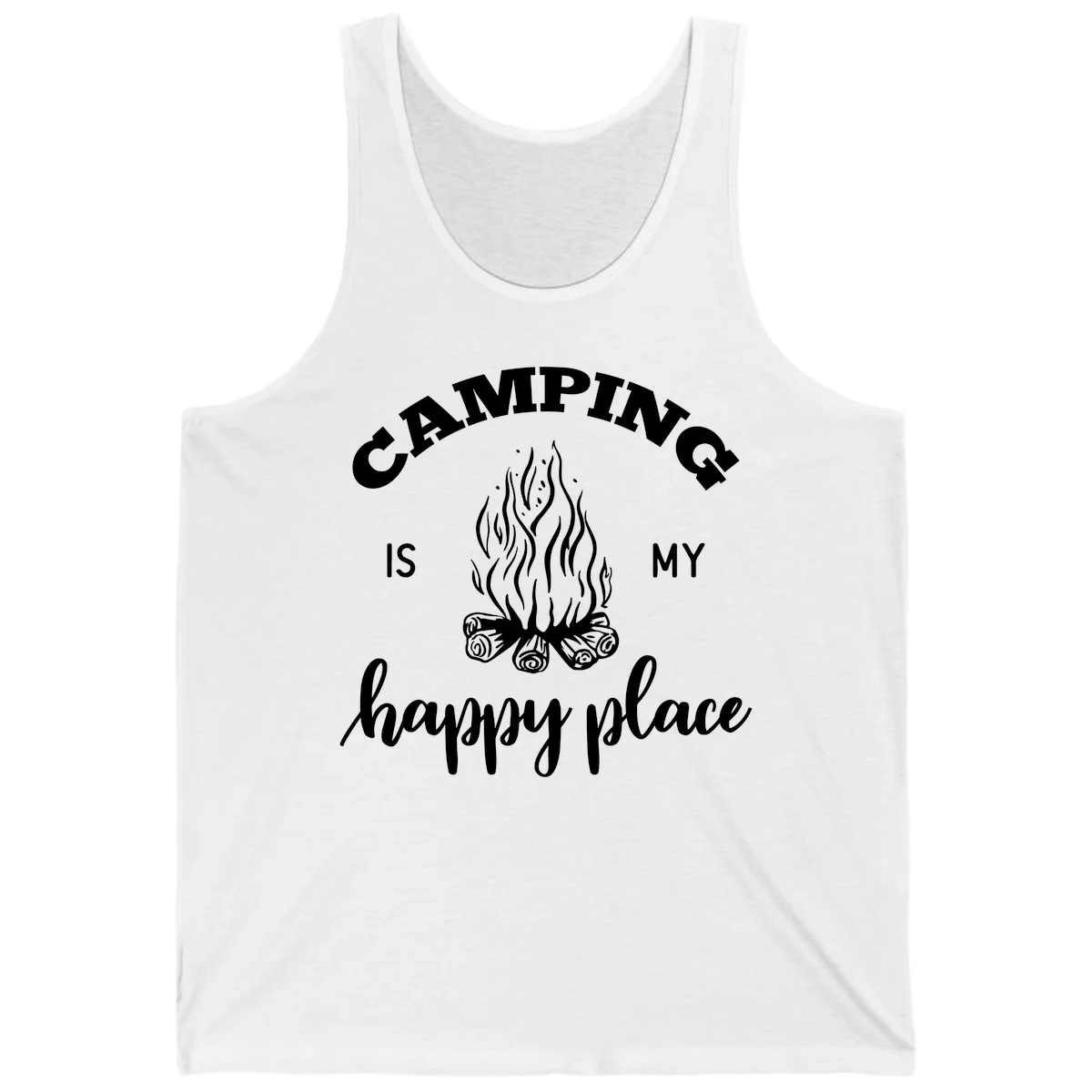 White campfire illustration with text reading 'Camping Is My Happy Place' on gray background in White