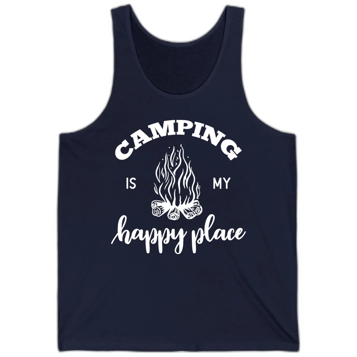 White campfire illustration with text reading 'Camping Is My Happy Place' on gray background in Navy