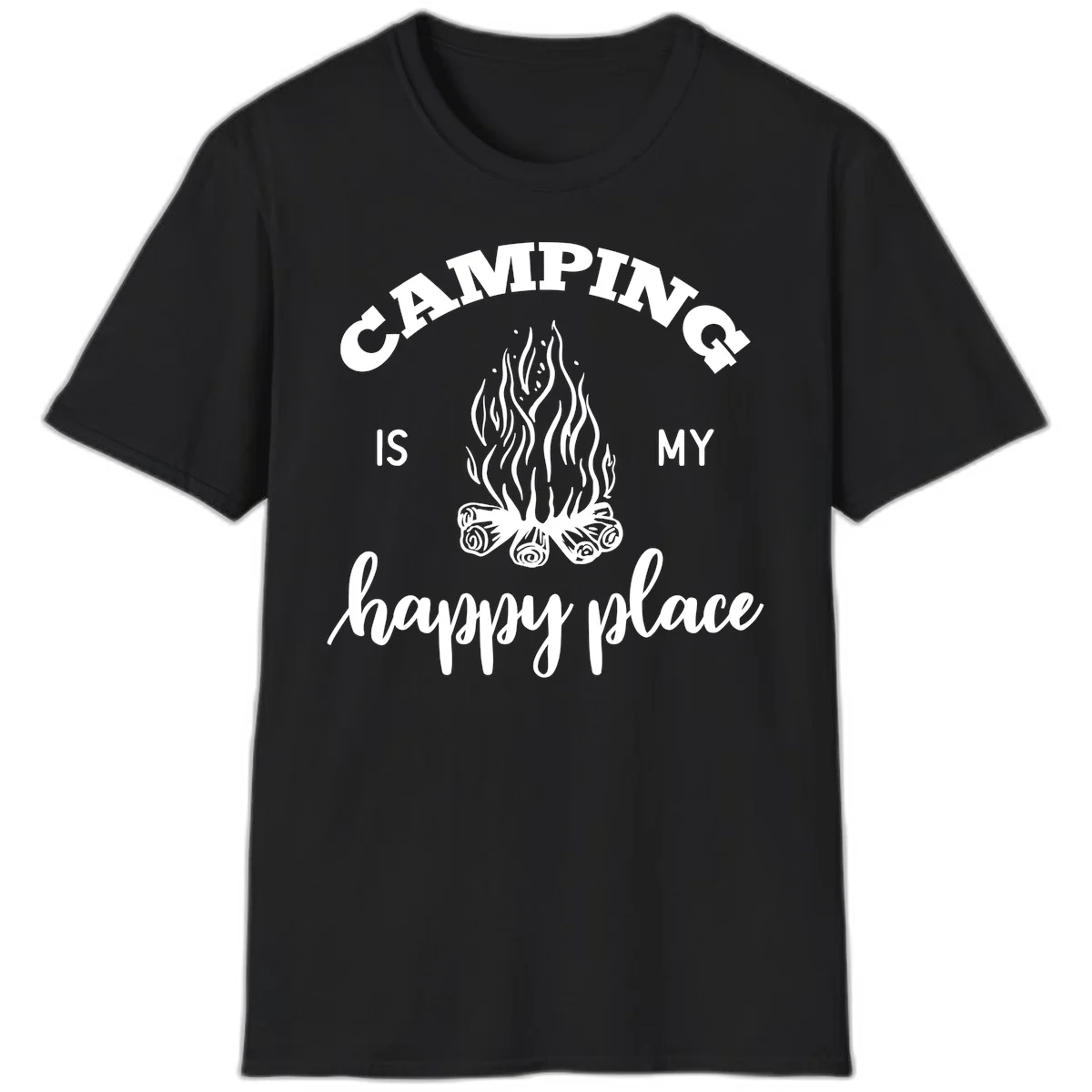White campfire illustration with text reading 'Camping Is My Happy Place' on gray background in Black