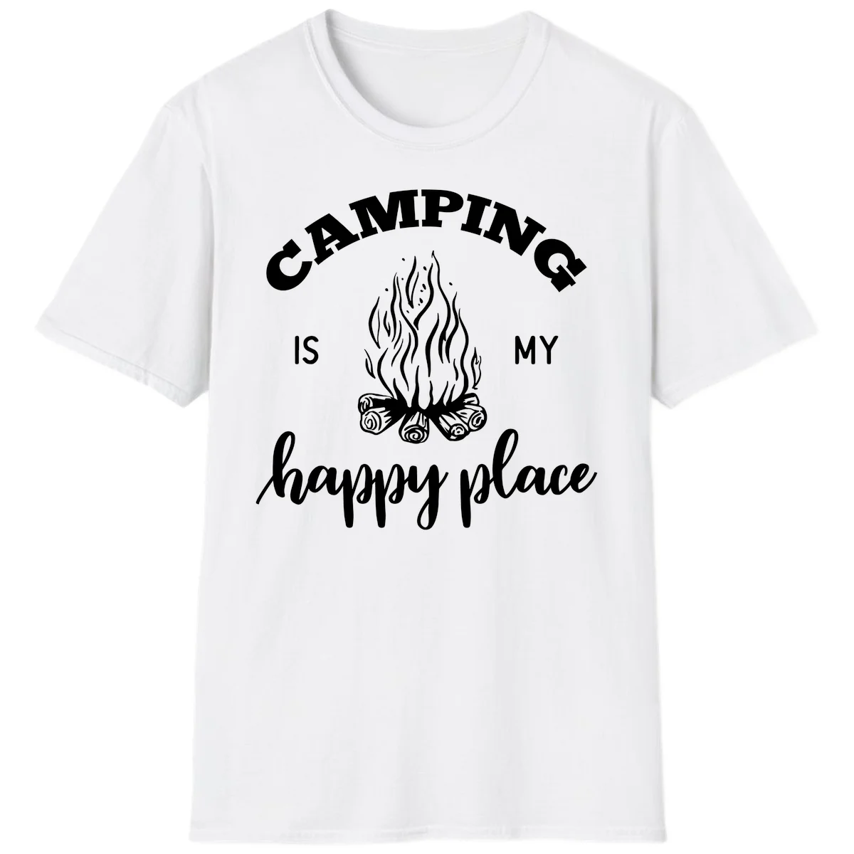 White campfire illustration with text reading 'Camping Is My Happy Place' on gray background in White