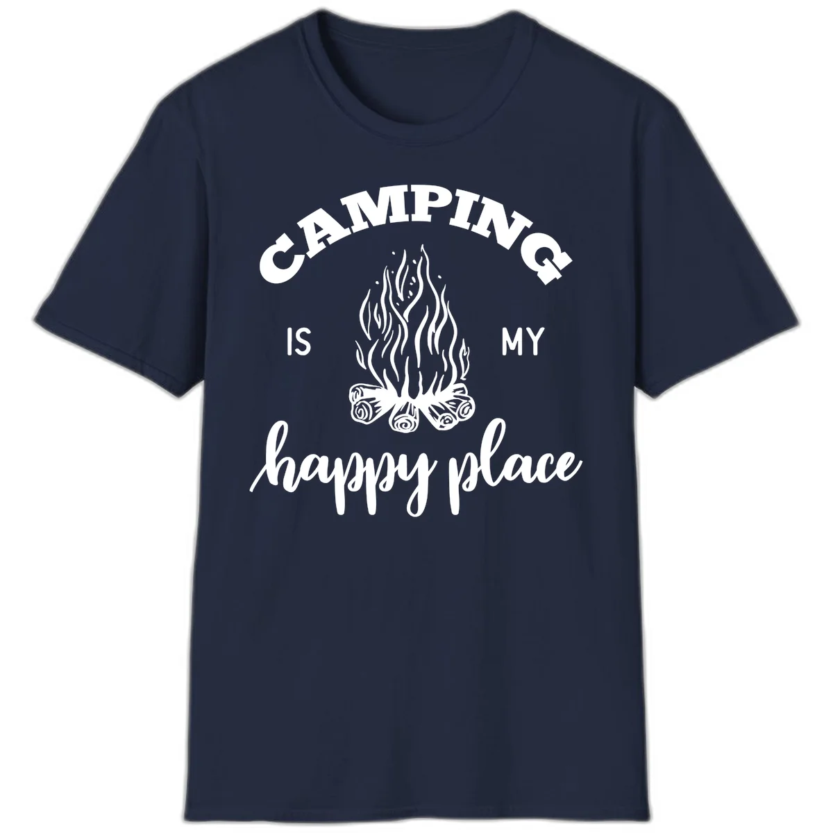 White campfire illustration with text reading 'Camping Is My Happy Place' on gray background in Navy