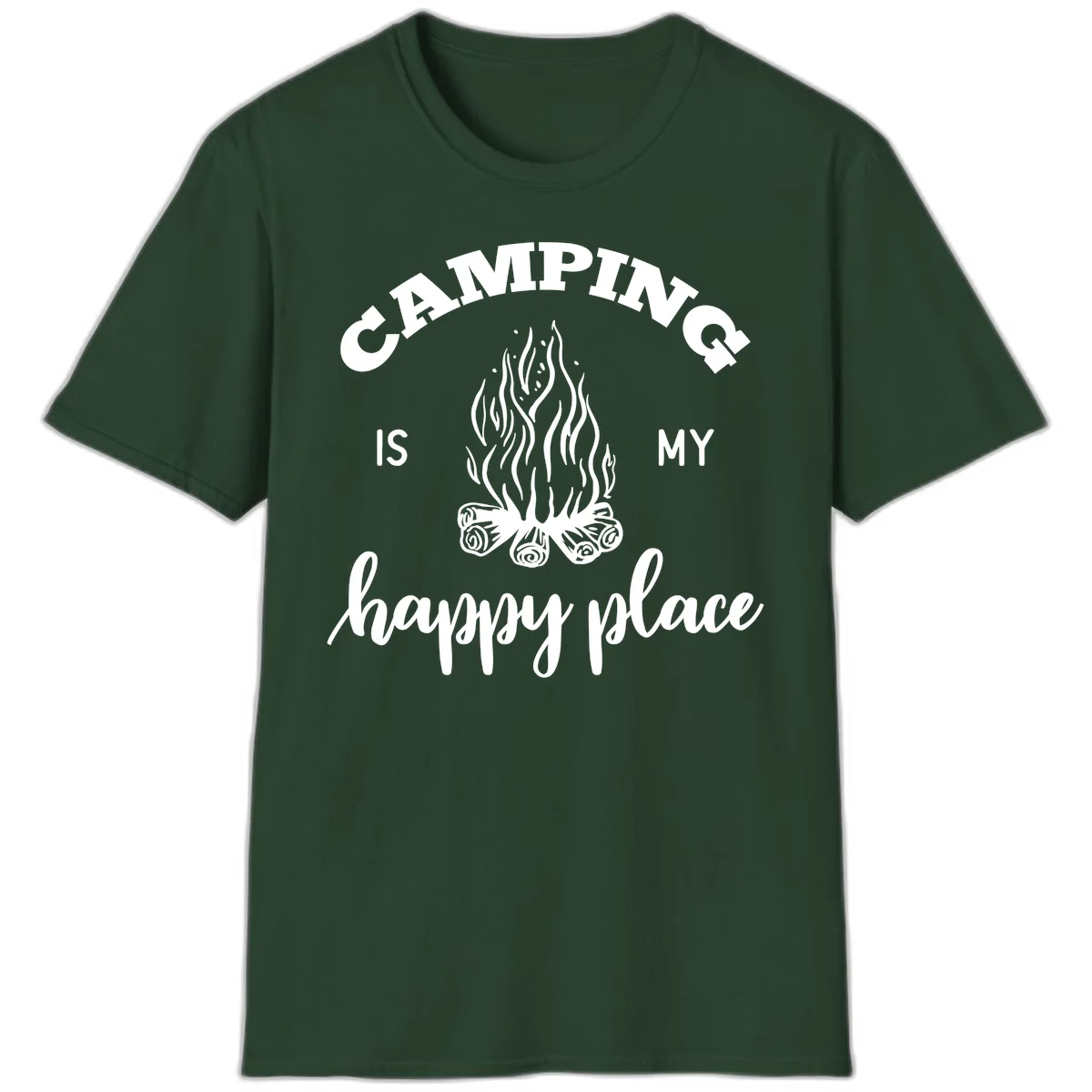 White campfire illustration with text reading 'Camping Is My Happy Place' on gray background in Forest Green