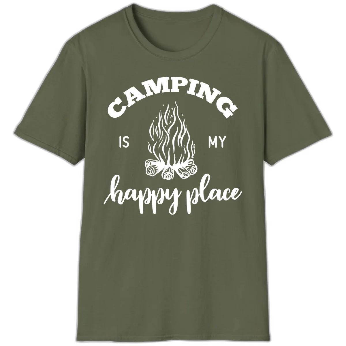 White campfire illustration with text reading 'Camping Is My Happy Place' on gray background in Military Green