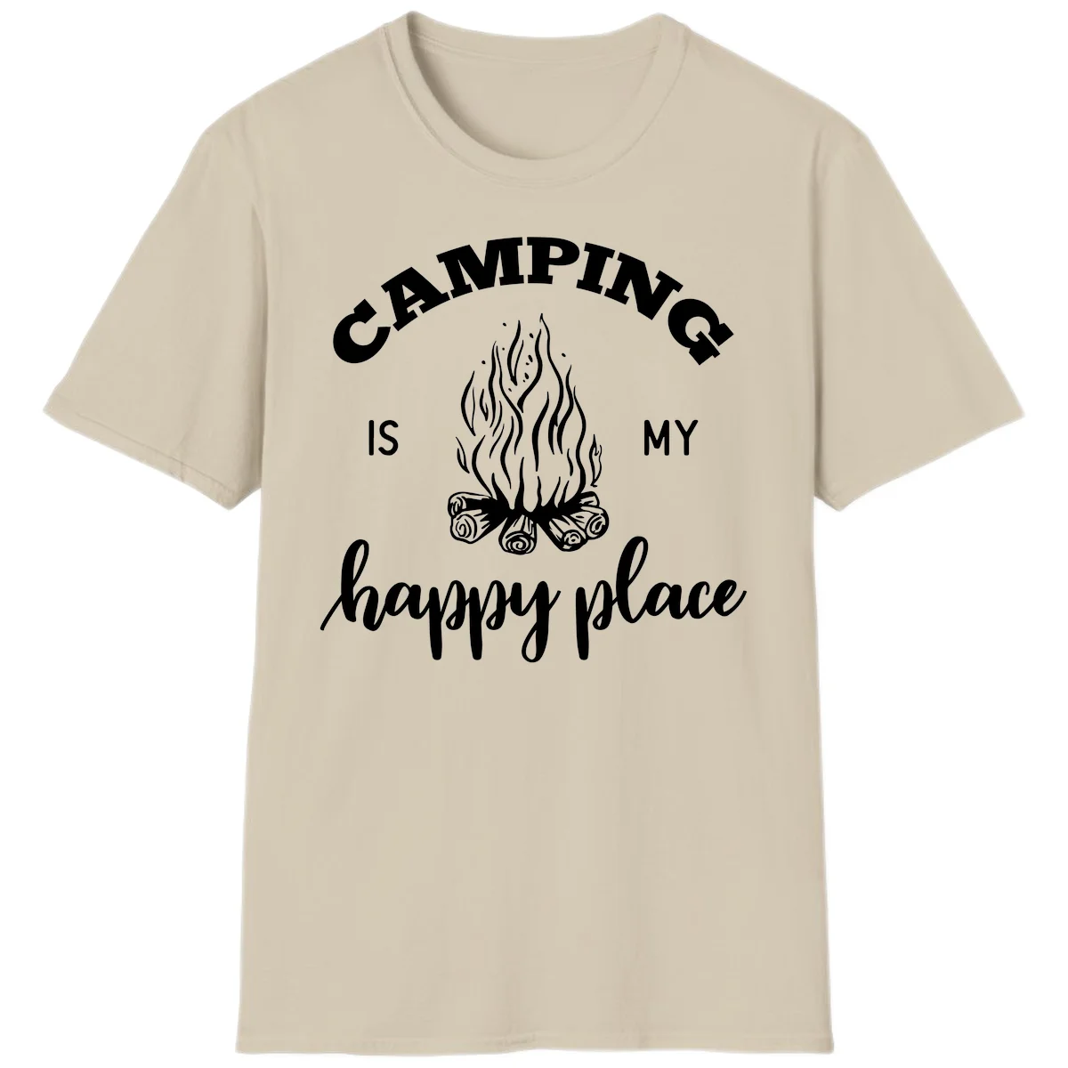 White campfire illustration with text reading 'Camping Is My Happy Place' on gray background in Sand