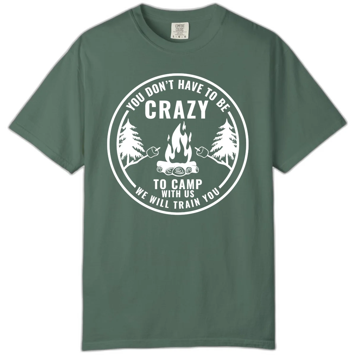 Circular badge design with campfire, pine trees, and marshmallows on sticks with humorous camping text about training crazy campers in Blue Spruce