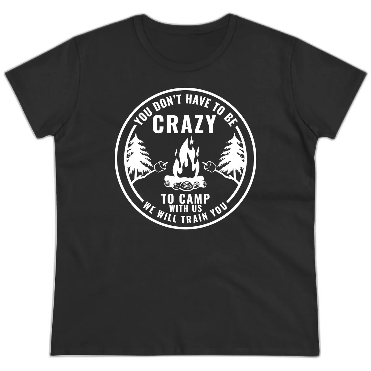 Circular badge design with campfire, pine trees, and marshmallows on sticks with humorous camping text about training crazy campers in Black