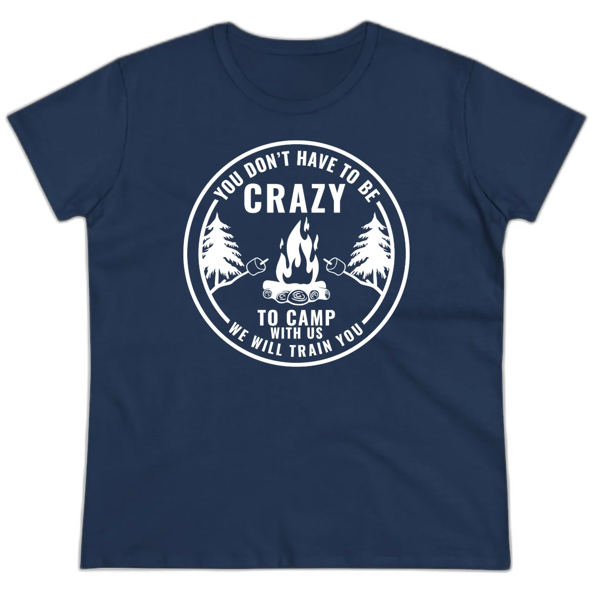 Circular badge design with campfire, pine trees, and marshmallows on sticks with humorous camping text about training crazy campers in Navy