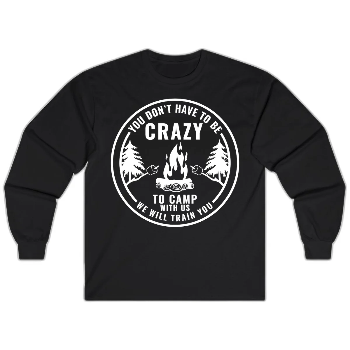 Circular badge design with campfire, pine trees, and marshmallows on sticks with humorous camping text about training crazy campers in Black