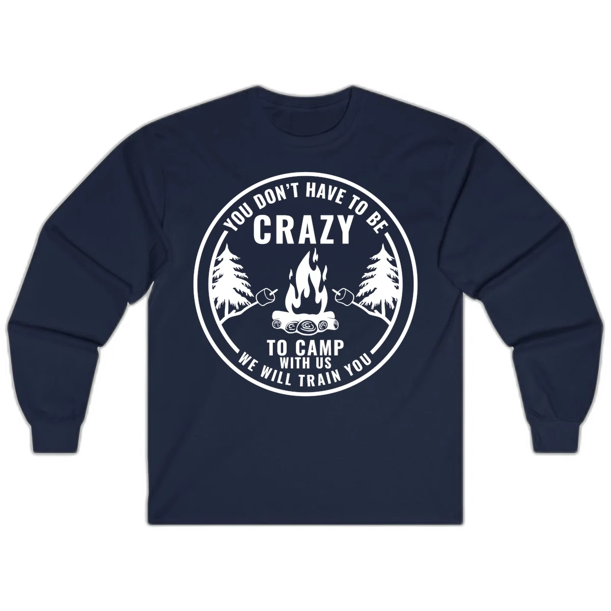 Circular badge design with campfire, pine trees, and marshmallows on sticks with humorous camping text about training crazy campers in Navy