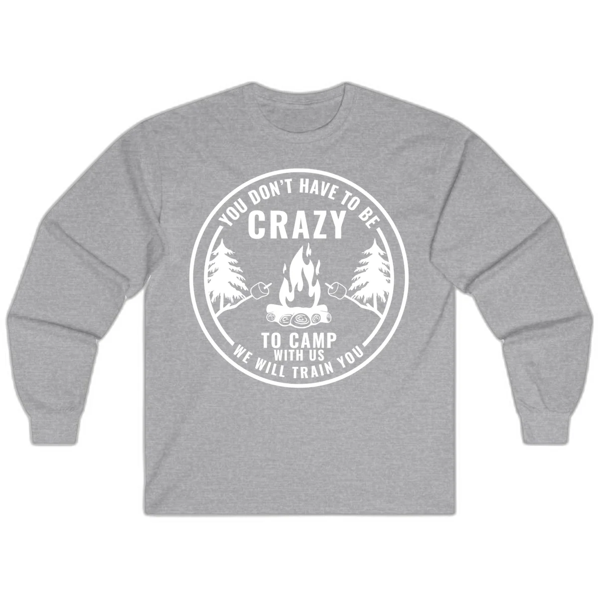 Circular badge design with campfire, pine trees, and marshmallows on sticks with humorous camping text about training crazy campers in Sport Grey