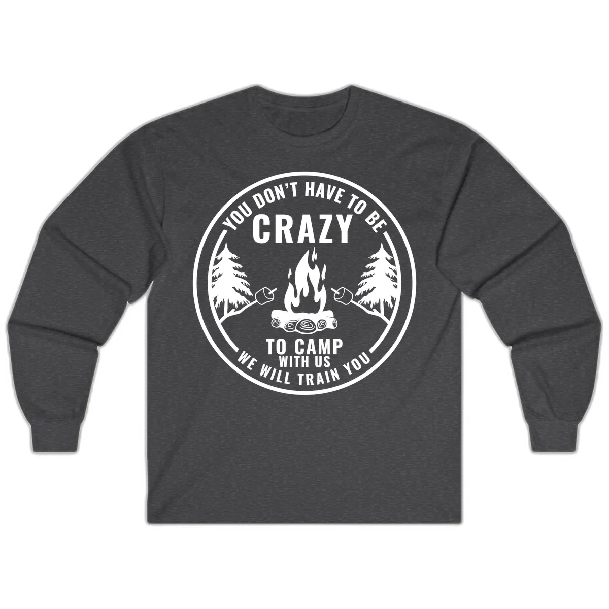 Circular badge design with campfire, pine trees, and marshmallows on sticks with humorous camping text about training crazy campers in Dark Heather