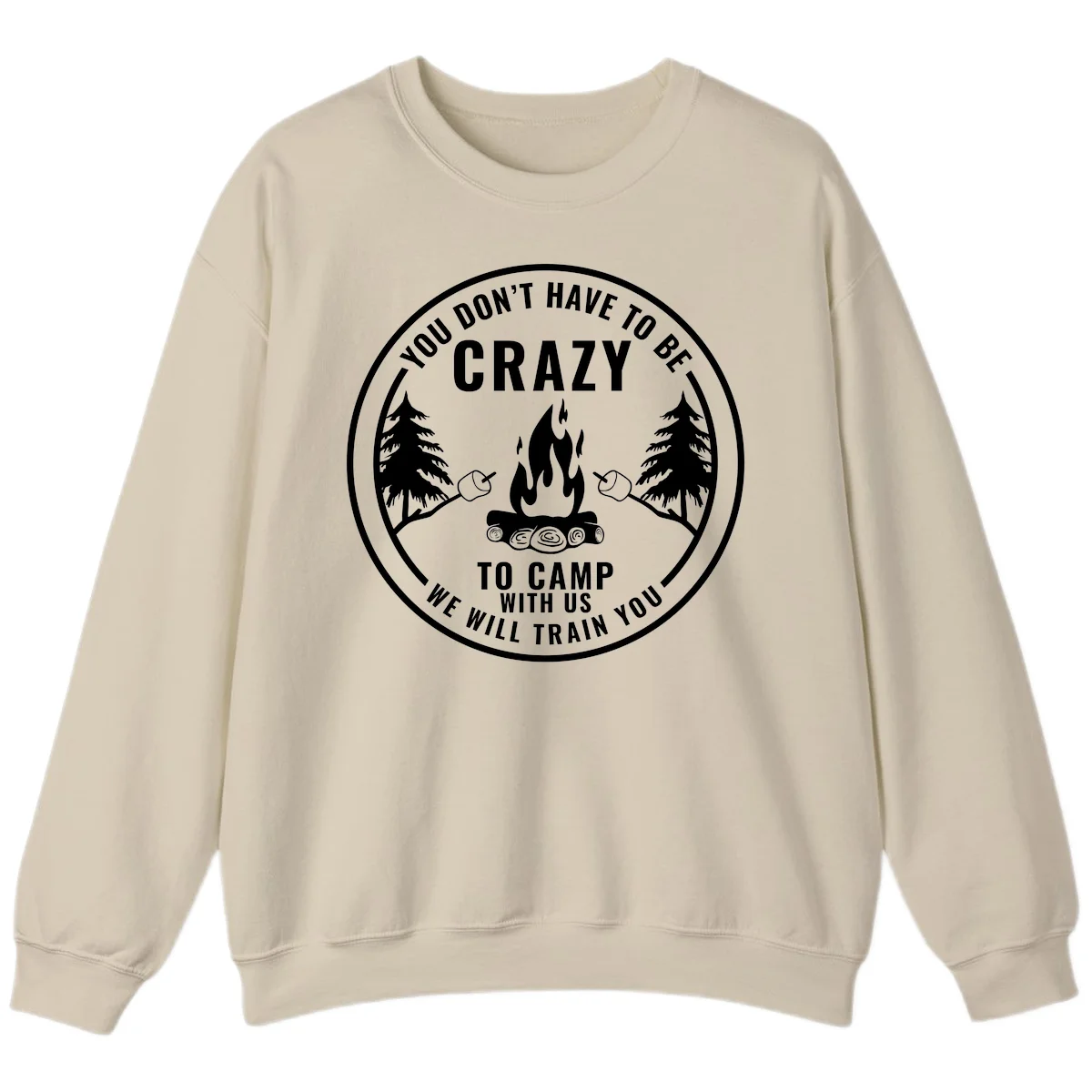 Circular badge design with campfire, pine trees, and marshmallows on sticks with humorous camping text about training crazy campers in Sand