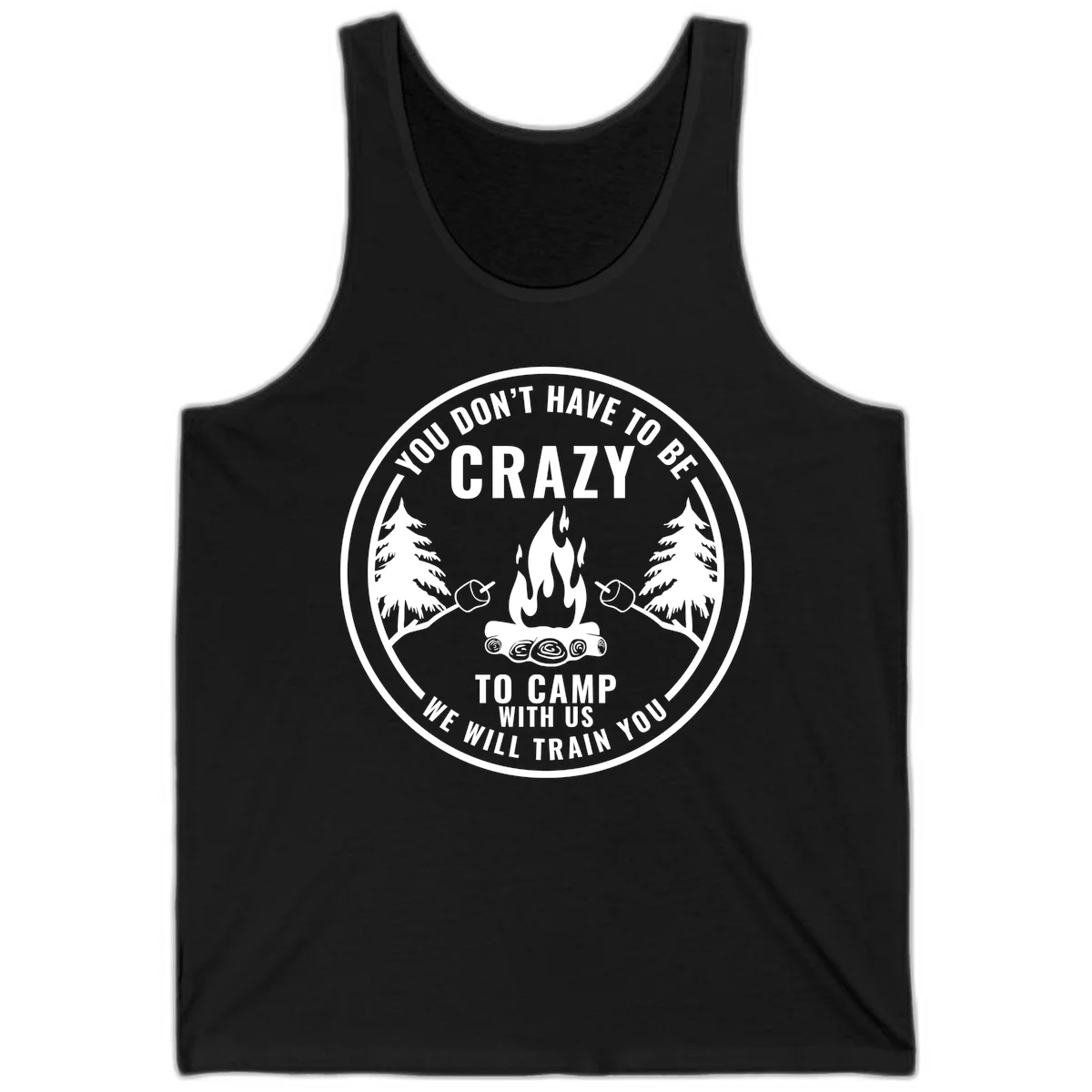Circular badge design with campfire, pine trees, and marshmallows on sticks with humorous camping text about training crazy campers in Black