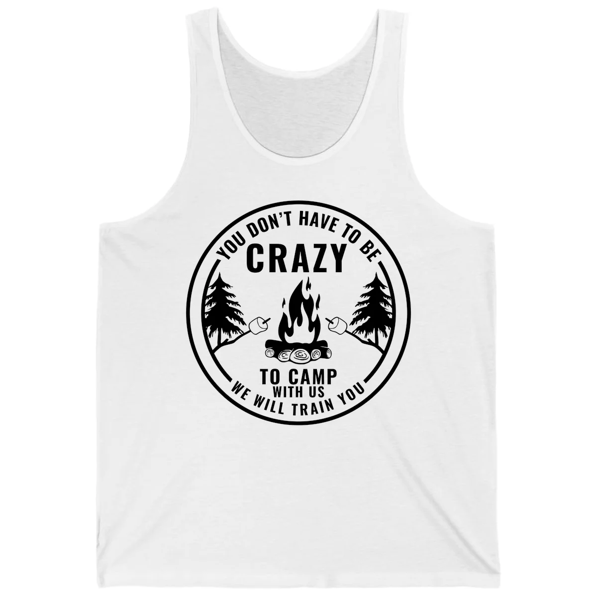 Circular badge design with campfire, pine trees, and marshmallows on sticks with humorous camping text about training crazy campers in White