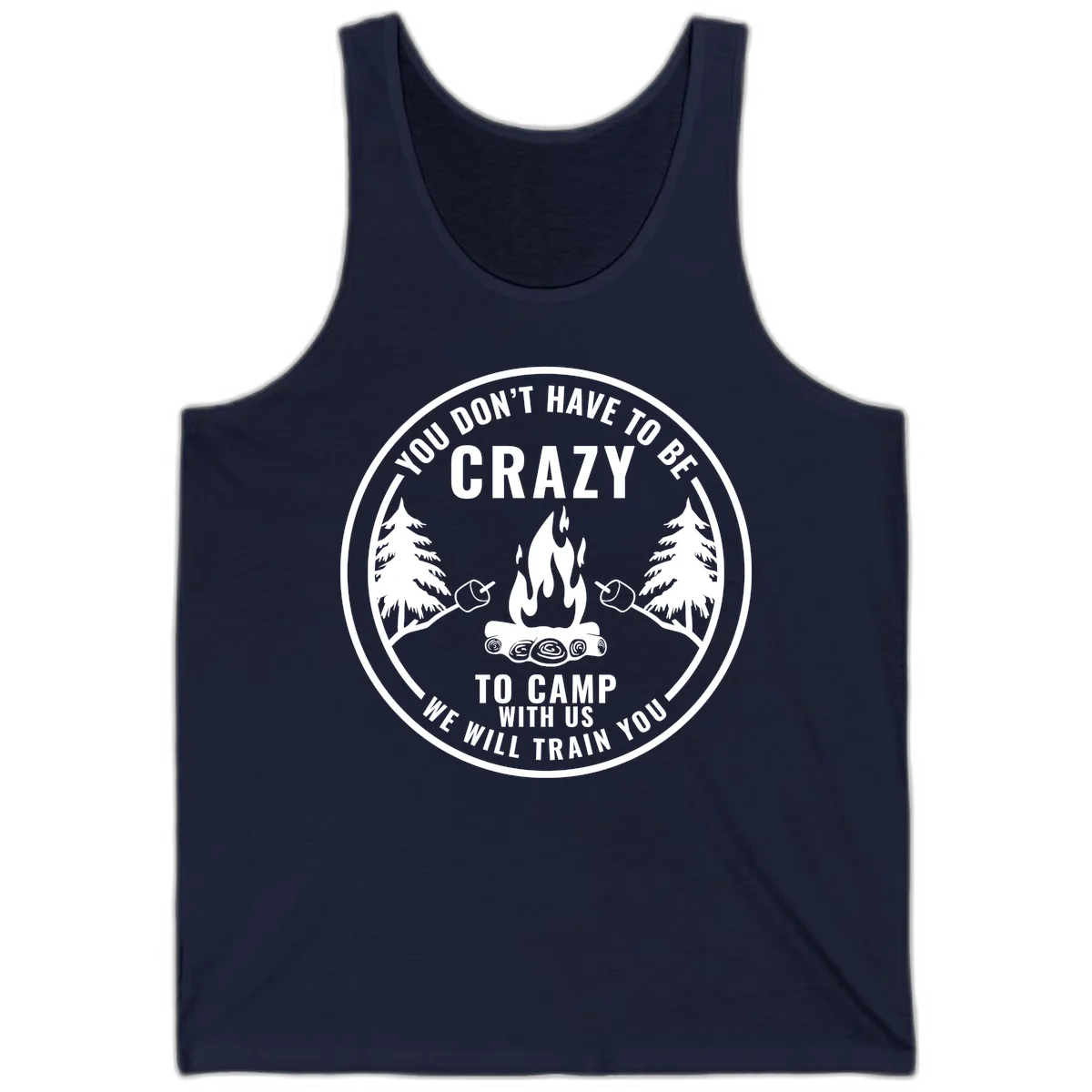 Circular badge design with campfire, pine trees, and marshmallows on sticks with humorous camping text about training crazy campers in Navy