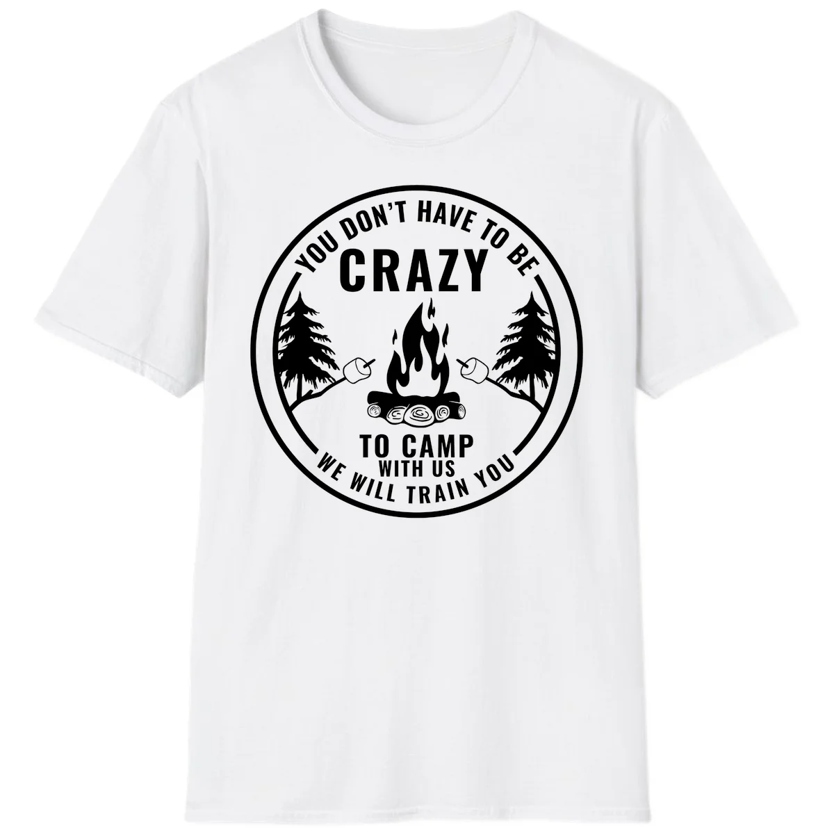 Circular badge design with campfire, pine trees, and marshmallows on sticks with humorous camping text about training crazy campers in White